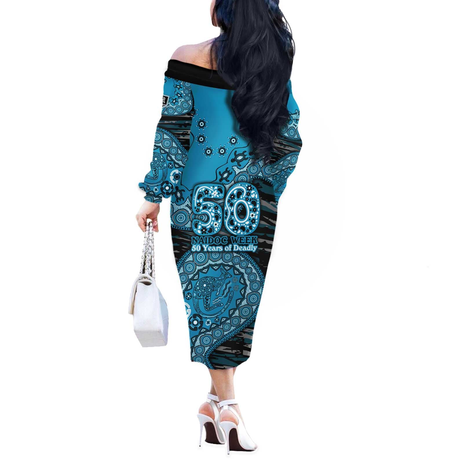 Port Adelaide NAIDOC Week 2026 Off The Shoulder Long Sleeve Dress Australian Aboriginal Dot Art Dreamtime Pattern Style