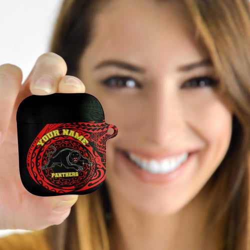 Personalized Penrith Panthers AirPods Case Polynesian Tribal Chest and Sleeve Tattoo