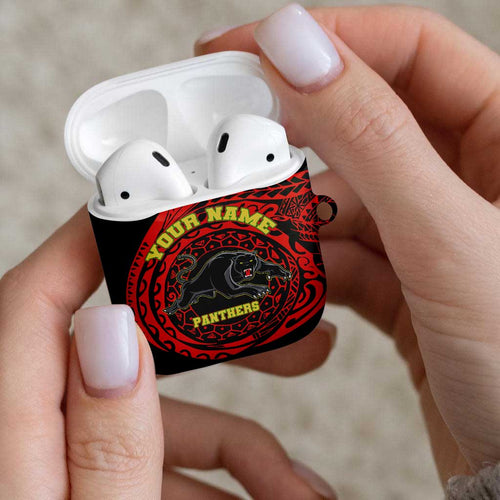 Personalized Penrith Panthers AirPods Case Polynesian Tribal Chest and Sleeve Tattoo