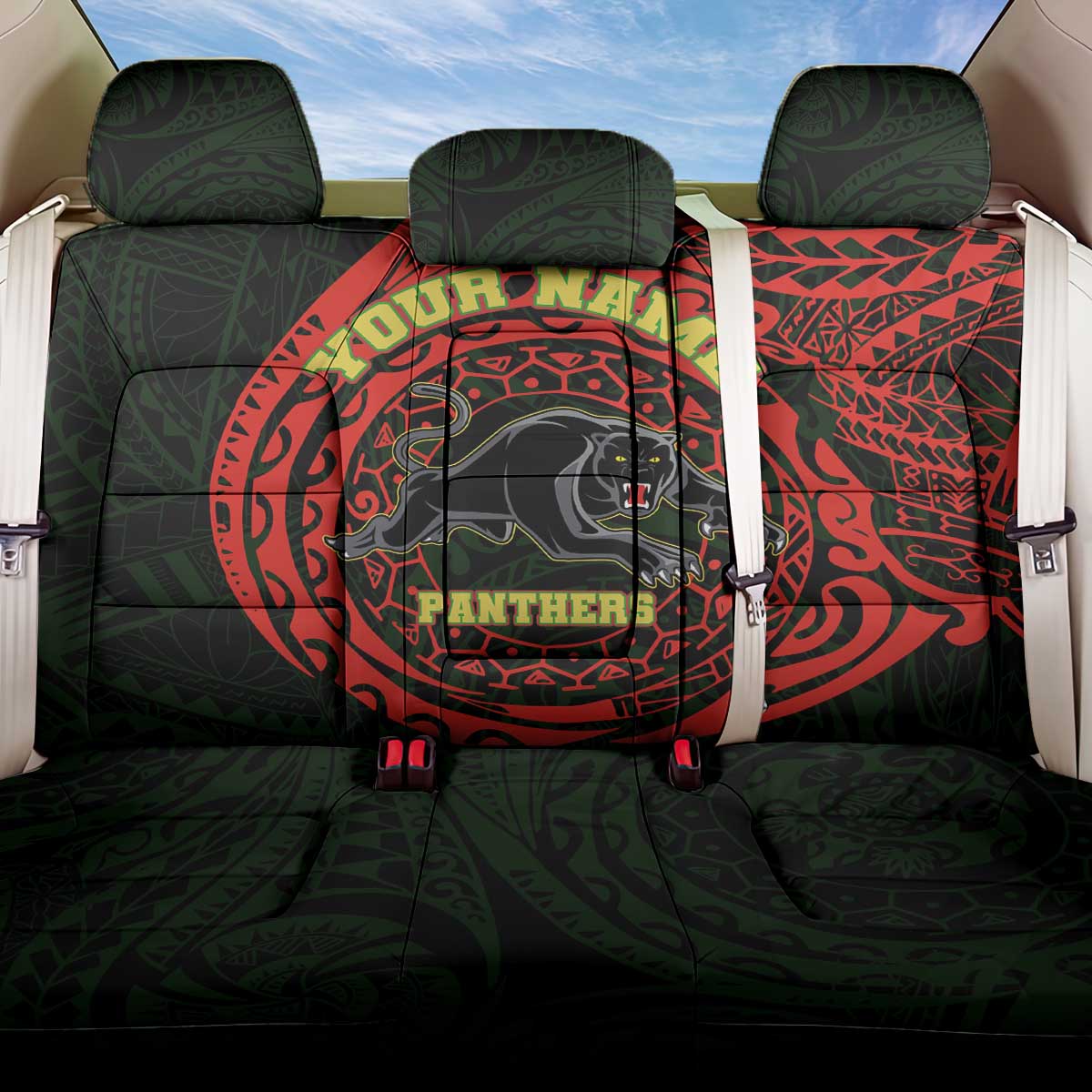 Personalized Penrith Panthers Back Car Seat Cover Polynesian Tribal Chest and Sleeve Tattoo