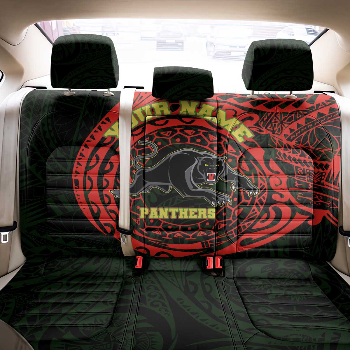 Personalized Penrith Panthers Back Car Seat Cover Polynesian Tribal Chest and Sleeve Tattoo