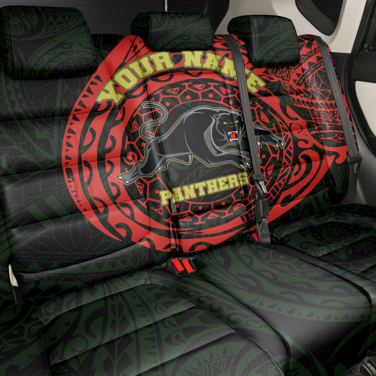 Personalized Penrith Panthers Back Car Seat Cover Polynesian Tribal Chest and Sleeve Tattoo