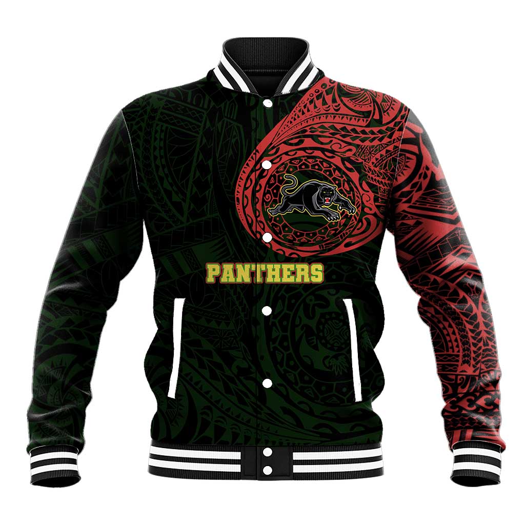 Personalized Penrith Panthers Baseball Jacket Polynesian Tribal Chest and Sleeve Tattoo