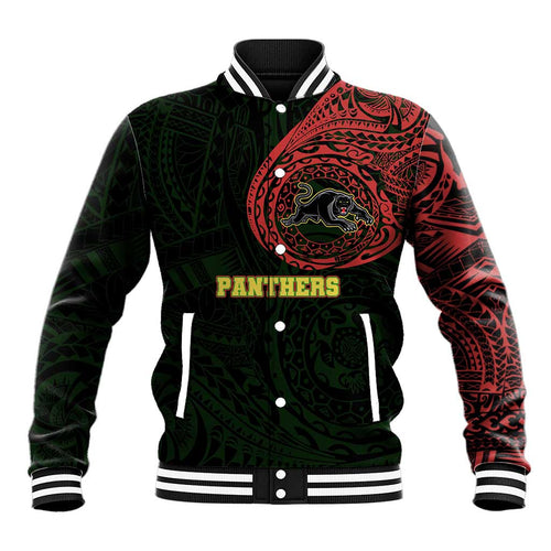 Personalized Penrith Panthers Baseball Jacket Polynesian Tribal Chest and Sleeve Tattoo
