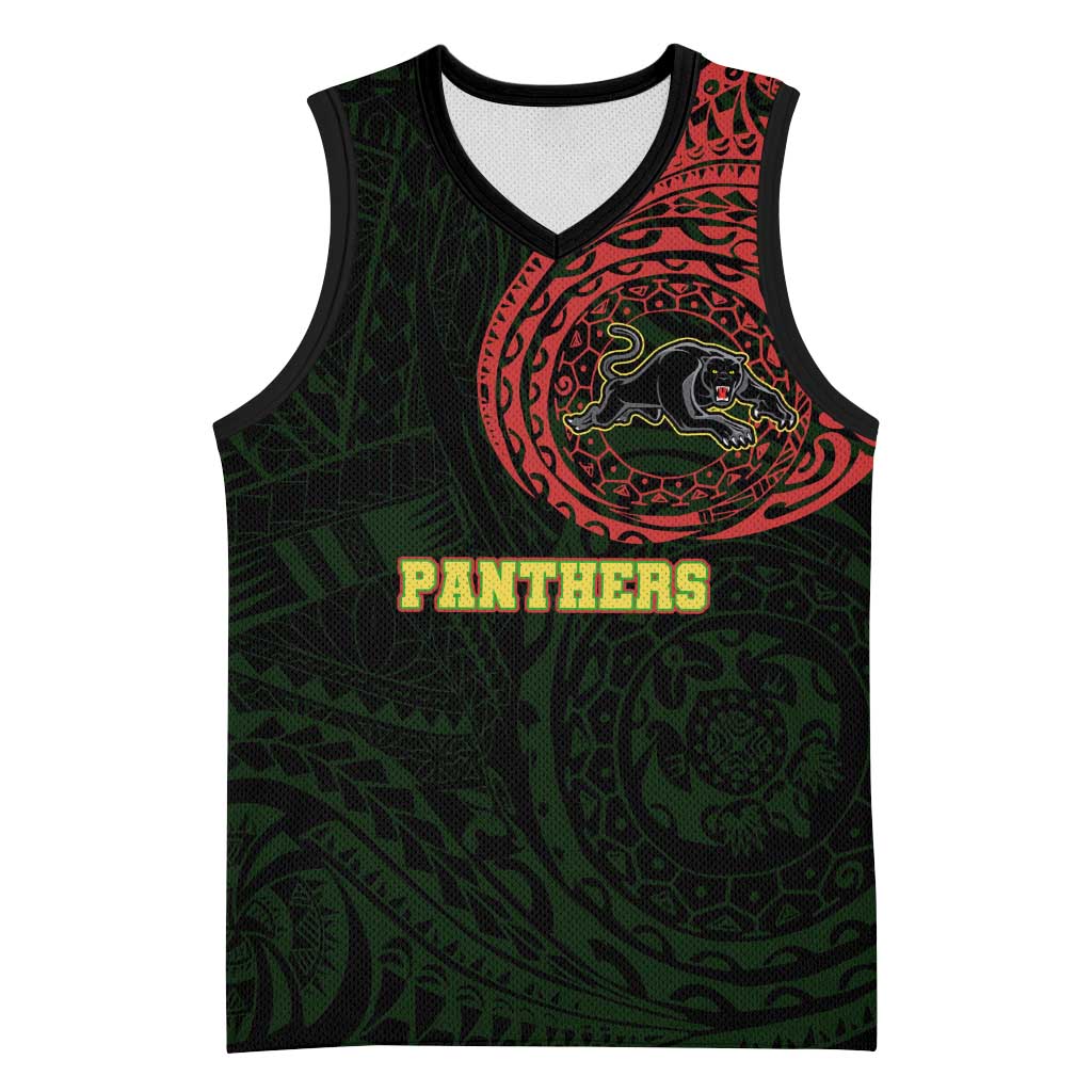Personalized Penrith Panthers Basketball Jersey Polynesian Tribal Chest and Sleeve Tattoo