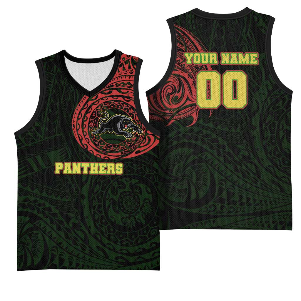 Personalized Penrith Panthers Basketball Jersey Polynesian Tribal Chest and Sleeve Tattoo