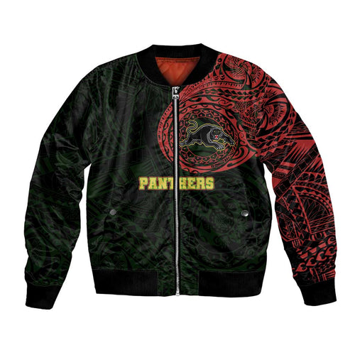 Personalized Penrith Panthers Bomber Jacket Polynesian Tribal Chest and Sleeve Tattoo