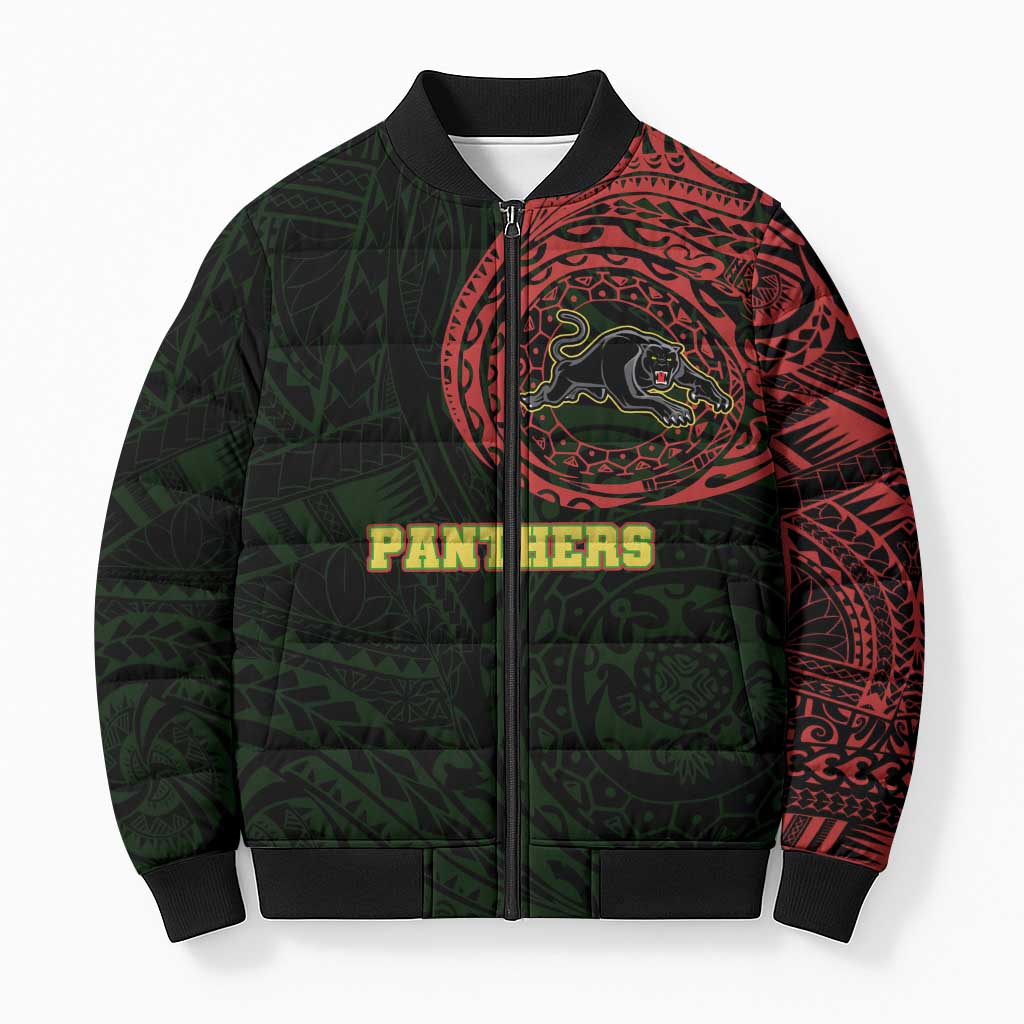 Personalized Penrith Panthers Bomber Puffer Jacket Polynesian Tribal Chest and Sleeve Tattoo
