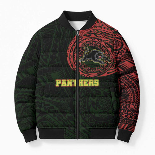 Personalized Penrith Panthers Bomber Puffer Jacket Polynesian Tribal Chest and Sleeve Tattoo
