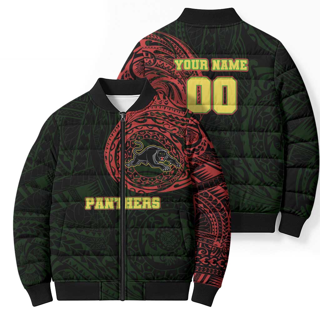 Personalized Penrith Panthers Bomber Puffer Jacket Polynesian Tribal Chest and Sleeve Tattoo