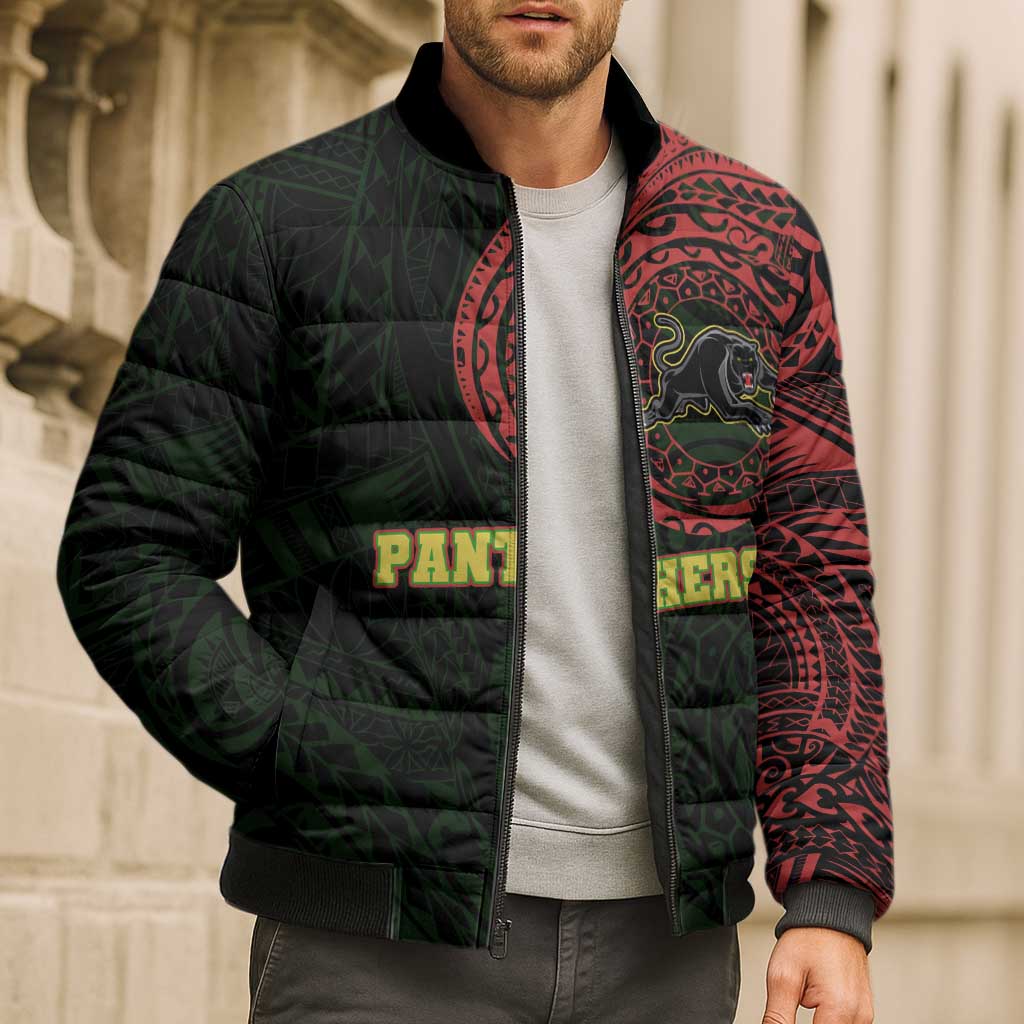 Personalized Penrith Panthers Bomber Puffer Jacket Polynesian Tribal Chest and Sleeve Tattoo