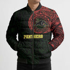 Personalized Penrith Panthers Bomber Puffer Jacket Polynesian Tribal Chest and Sleeve Tattoo