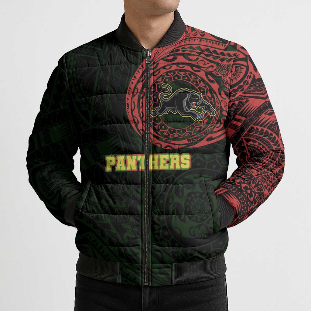 Personalized Penrith Panthers Bomber Puffer Jacket Polynesian Tribal Chest and Sleeve Tattoo