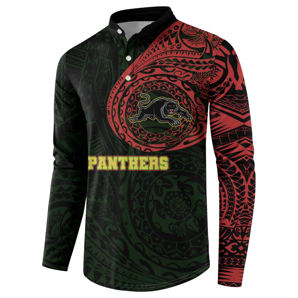 Personalized Penrith Panthers Button Sweatshirt Polynesian Tribal Chest and Sleeve Tattoo