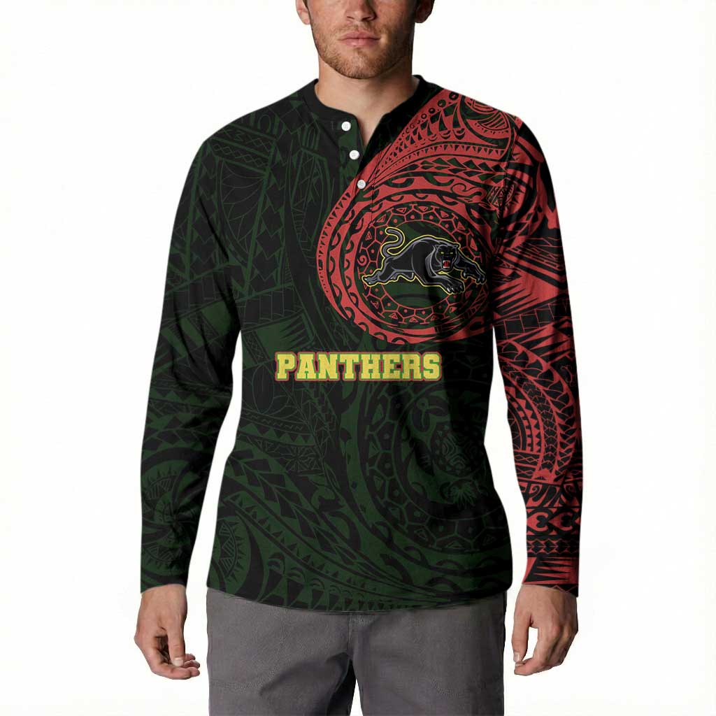 Personalized Penrith Panthers Button Sweatshirt Polynesian Tribal Chest and Sleeve Tattoo