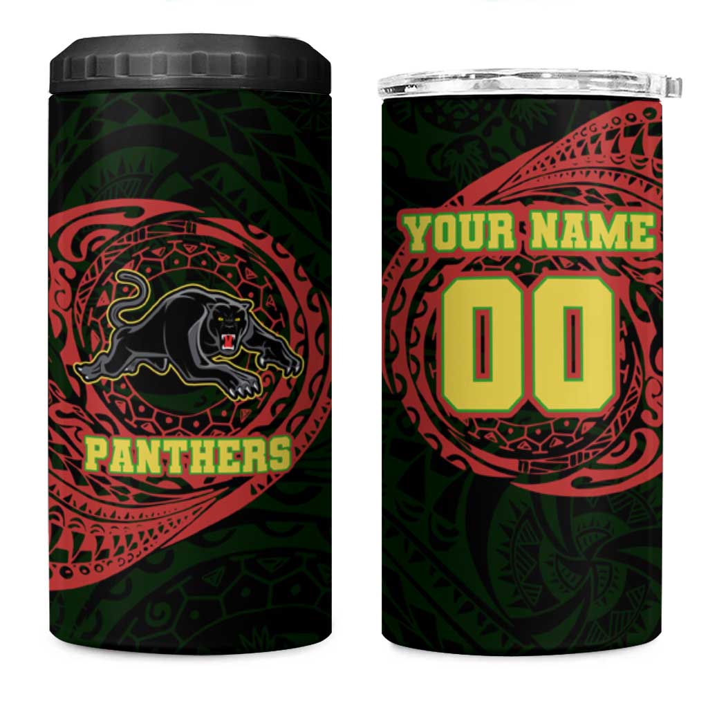 Personalized Penrith Panthers 4 in 1 Can Cooler Tumbler Polynesian Tribal Chest and Sleeve Tattoo