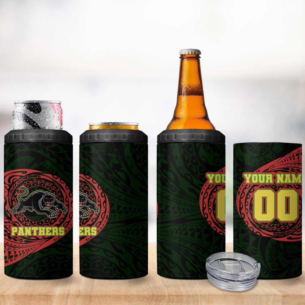 Personalized Penrith Panthers 4 in 1 Can Cooler Tumbler Polynesian Tribal Chest and Sleeve Tattoo