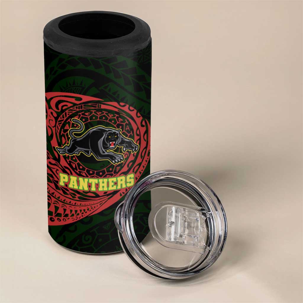 Personalized Penrith Panthers 4 in 1 Can Cooler Tumbler Polynesian Tribal Chest and Sleeve Tattoo