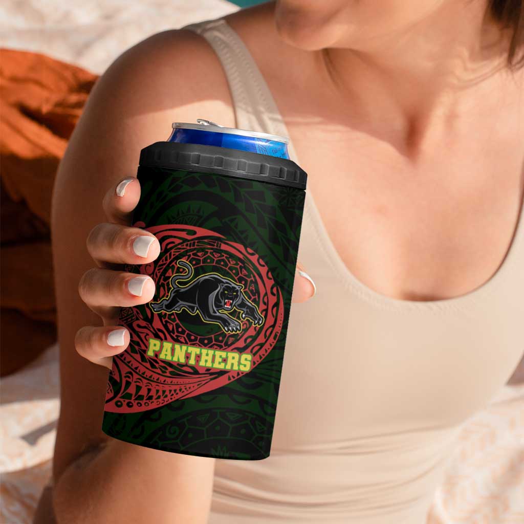 Personalized Penrith Panthers 4 in 1 Can Cooler Tumbler Polynesian Tribal Chest and Sleeve Tattoo
