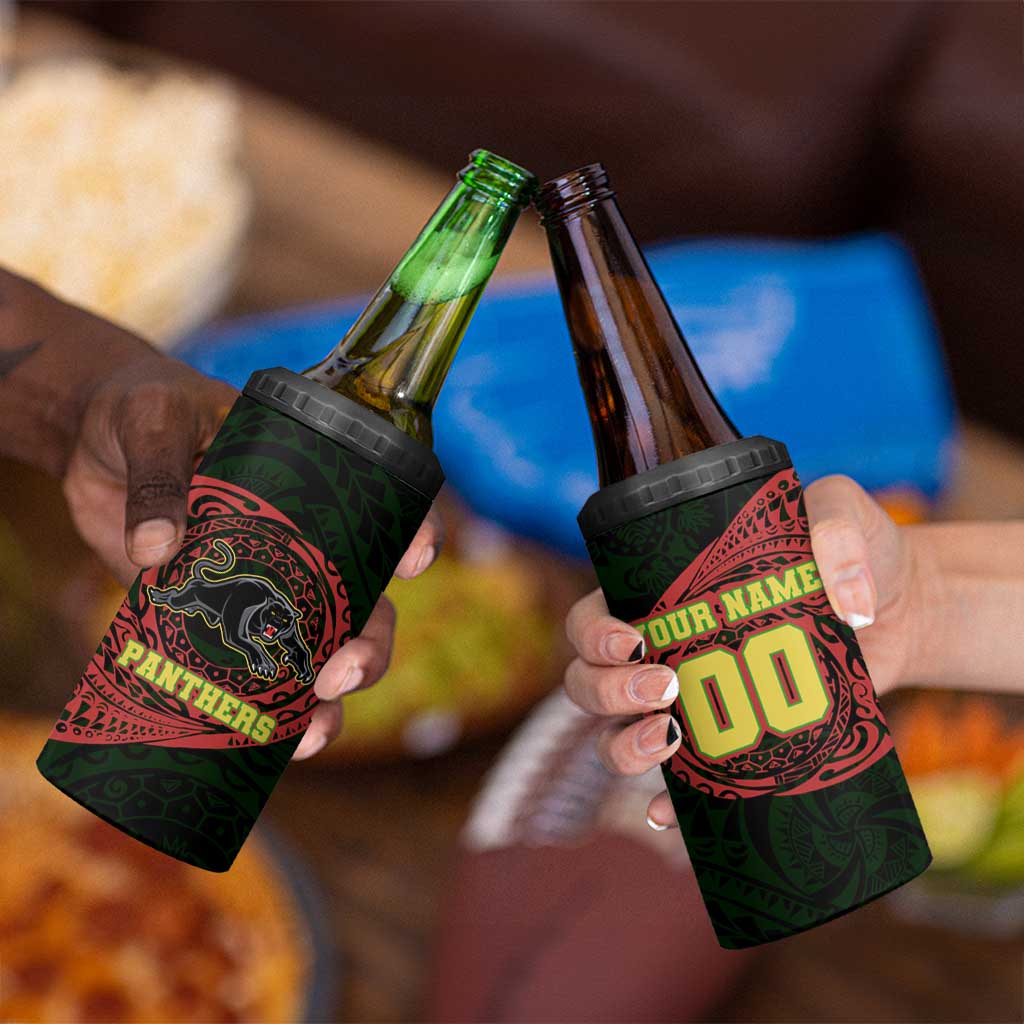Personalized Penrith Panthers 4 in 1 Can Cooler Tumbler Polynesian Tribal Chest and Sleeve Tattoo