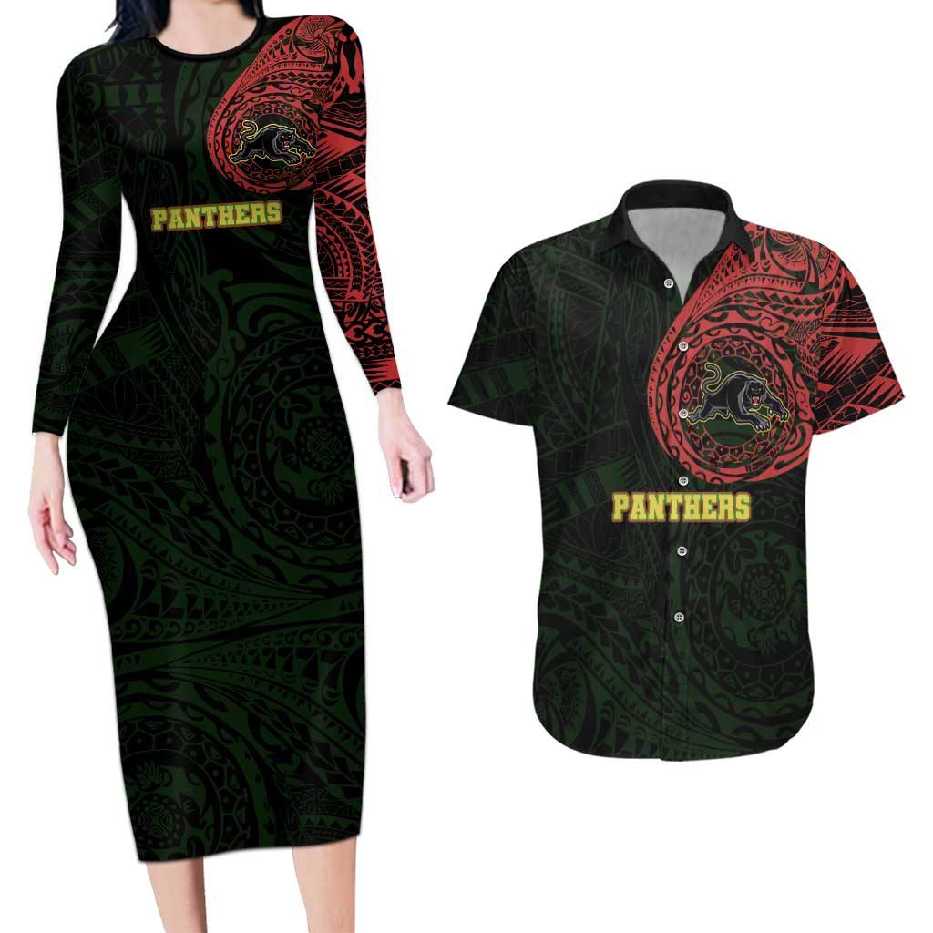 Personalized Penrith Panthers Couples Matching Long Sleeve Bodycon Dress and Hawaiian Shirt Polynesian Tribal Chest and Sleeve Tattoo