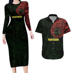 Personalized Penrith Panthers Couples Matching Long Sleeve Bodycon Dress and Hawaiian Shirt Polynesian Tribal Chest and Sleeve Tattoo
