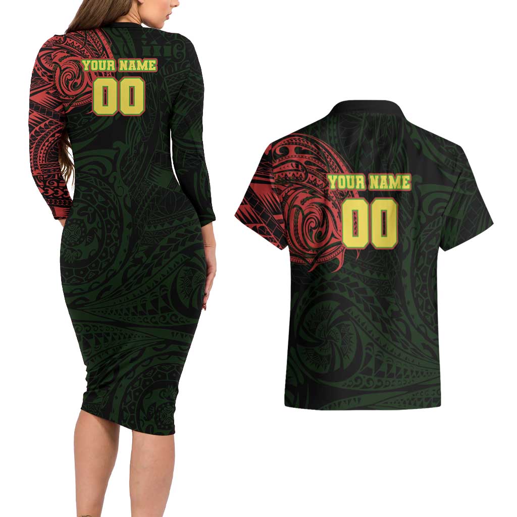 Personalized Penrith Panthers Couples Matching Long Sleeve Bodycon Dress and Hawaiian Shirt Polynesian Tribal Chest and Sleeve Tattoo
