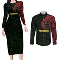Personalized Penrith Panthers Couples Matching Long Sleeve Bodycon Dress and Long Sleeve Button Shirt Polynesian Tribal Chest and Sleeve Tattoo