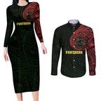 Personalized Penrith Panthers Couples Matching Long Sleeve Bodycon Dress and Long Sleeve Button Shirt Polynesian Tribal Chest and Sleeve Tattoo