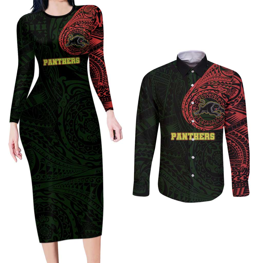 Personalized Penrith Panthers Couples Matching Long Sleeve Bodycon Dress and Long Sleeve Button Shirt Polynesian Tribal Chest and Sleeve Tattoo