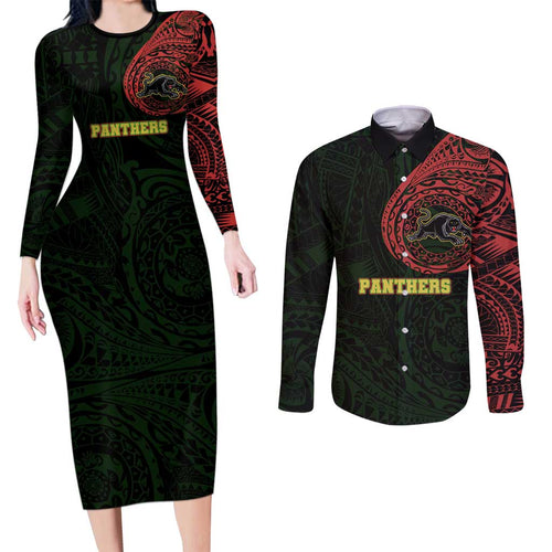 Personalized Penrith Panthers Couples Matching Long Sleeve Bodycon Dress and Long Sleeve Button Shirt Polynesian Tribal Chest and Sleeve Tattoo