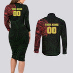 Personalized Penrith Panthers Couples Matching Long Sleeve Bodycon Dress and Long Sleeve Button Shirt Polynesian Tribal Chest and Sleeve Tattoo
