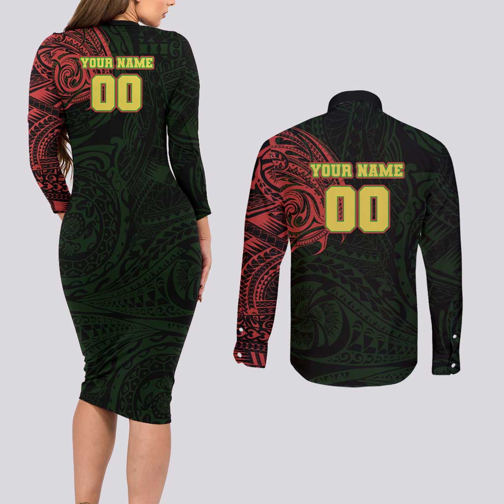Personalized Penrith Panthers Couples Matching Long Sleeve Bodycon Dress and Long Sleeve Button Shirt Polynesian Tribal Chest and Sleeve Tattoo