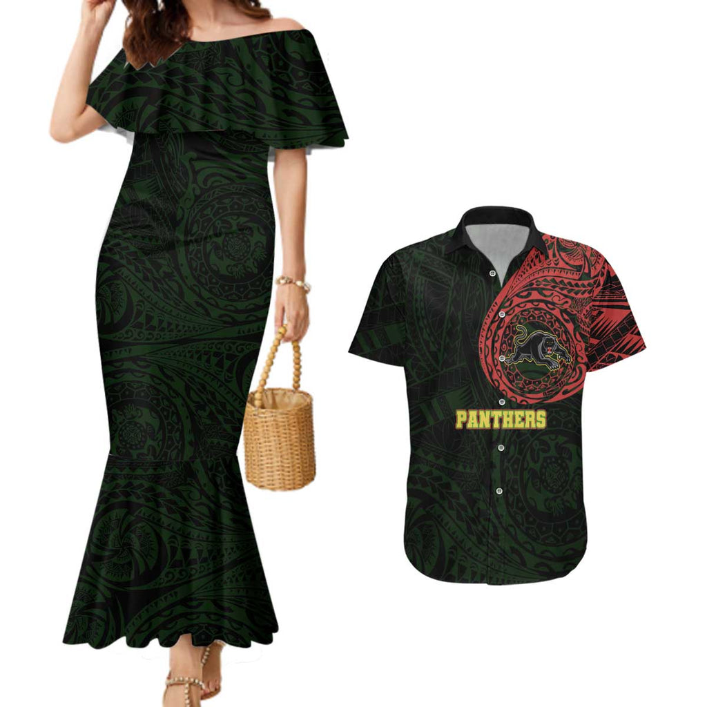Personalized Penrith Panthers Couples Matching Mermaid Dress and Hawaiian Shirt Polynesian Tribal Chest and Sleeve Tattoo