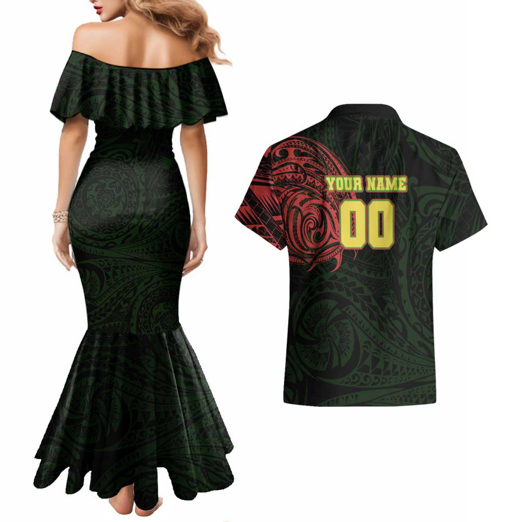 Personalized Penrith Panthers Couples Matching Mermaid Dress and Hawaiian Shirt Polynesian Tribal Chest and Sleeve Tattoo