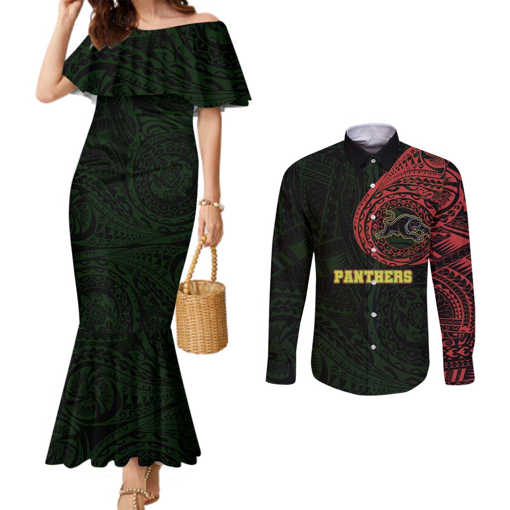 Personalized Penrith Panthers Couples Matching Mermaid Dress and Long Sleeve Button Shirt Polynesian Tribal Chest and Sleeve Tattoo
