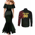 Personalized Penrith Panthers Couples Matching Mermaid Dress and Long Sleeve Button Shirt Polynesian Tribal Chest and Sleeve Tattoo