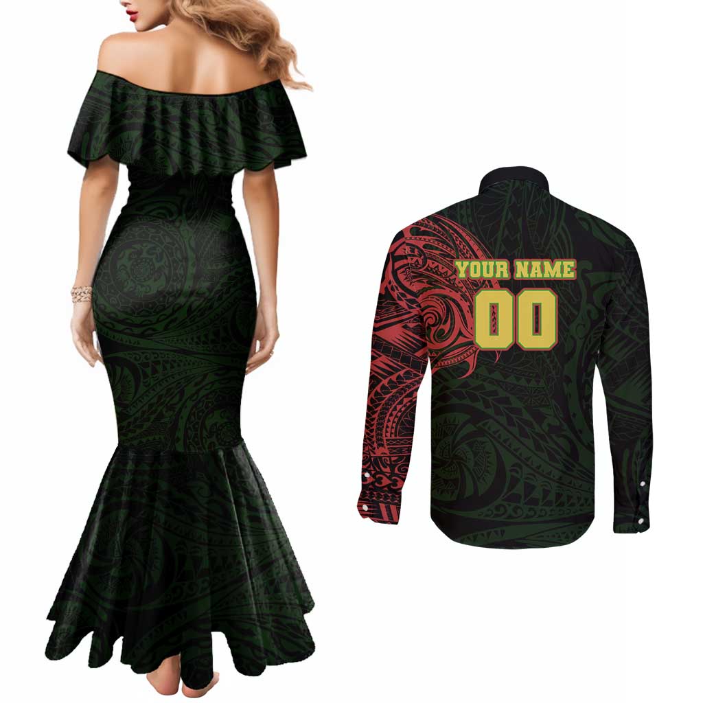 Personalized Penrith Panthers Couples Matching Mermaid Dress and Long Sleeve Button Shirt Polynesian Tribal Chest and Sleeve Tattoo