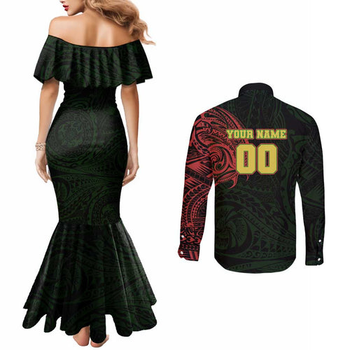 Personalized Penrith Panthers Couples Matching Mermaid Dress and Long Sleeve Button Shirt Polynesian Tribal Chest and Sleeve Tattoo