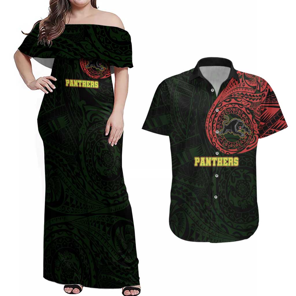 Personalized Penrith Panthers Couples Matching Off Shoulder Maxi Dress and Hawaiian Shirt Polynesian Tribal Chest and Sleeve Tattoo
