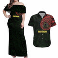 Personalized Penrith Panthers Couples Matching Off Shoulder Maxi Dress and Hawaiian Shirt Polynesian Tribal Chest and Sleeve Tattoo