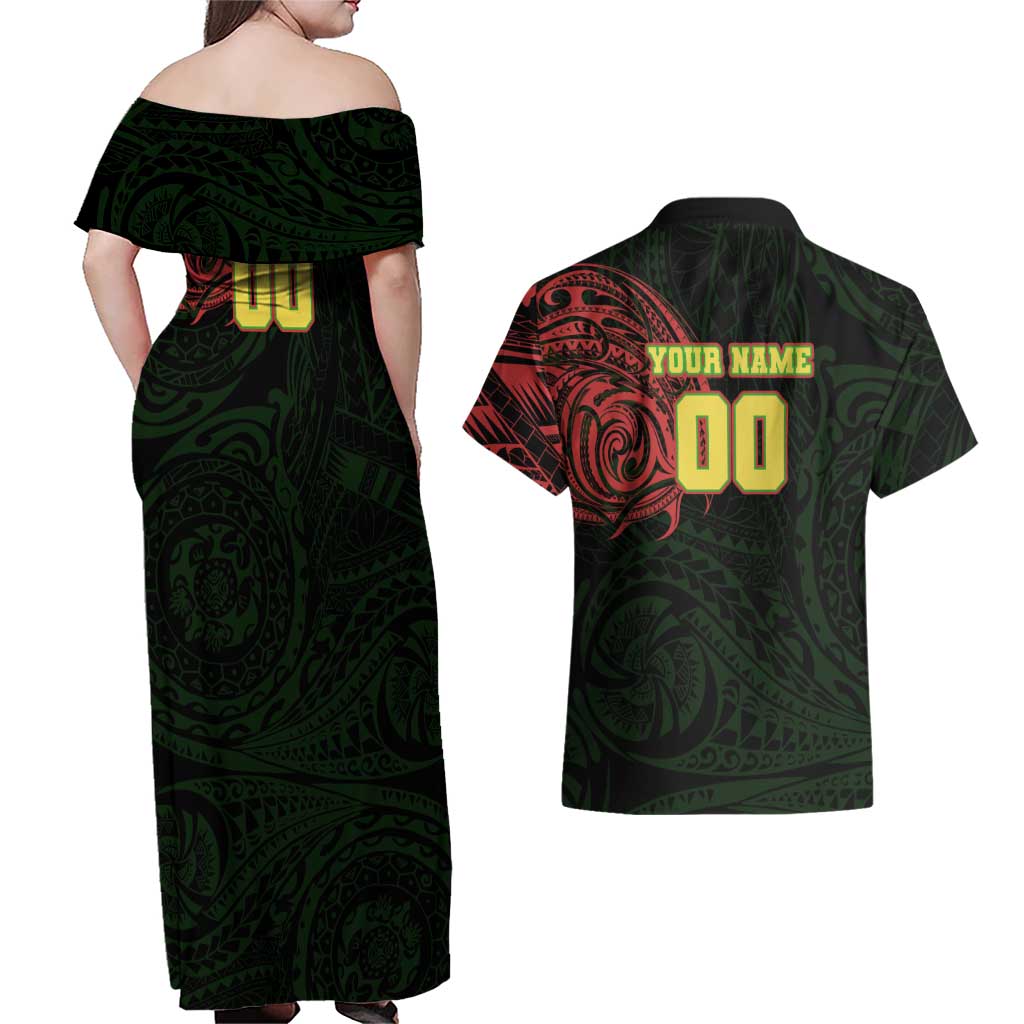 Personalized Penrith Panthers Couples Matching Off Shoulder Maxi Dress and Hawaiian Shirt Polynesian Tribal Chest and Sleeve Tattoo