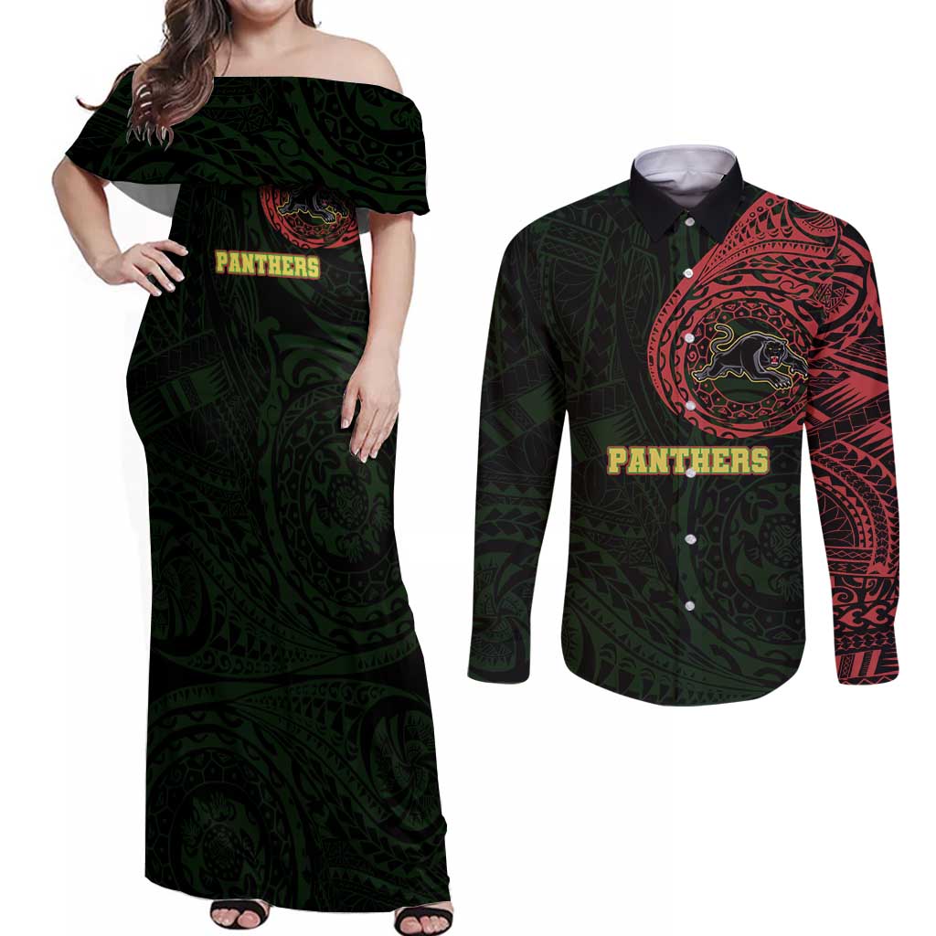 Personalized Penrith Panthers Couples Matching Off Shoulder Maxi Dress and Long Sleeve Button Shirt Polynesian Tribal Chest and Sleeve Tattoo