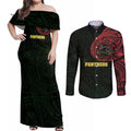 Personalized Penrith Panthers Couples Matching Off Shoulder Maxi Dress and Long Sleeve Button Shirt Polynesian Tribal Chest and Sleeve Tattoo