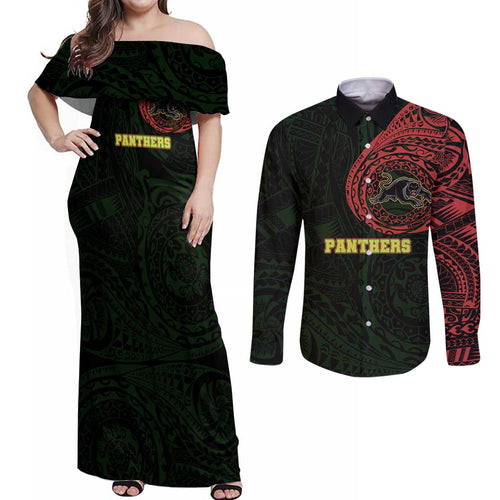 Personalized Penrith Panthers Couples Matching Off Shoulder Maxi Dress and Long Sleeve Button Shirt Polynesian Tribal Chest and Sleeve Tattoo