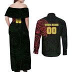 Personalized Penrith Panthers Couples Matching Off Shoulder Maxi Dress and Long Sleeve Button Shirt Polynesian Tribal Chest and Sleeve Tattoo