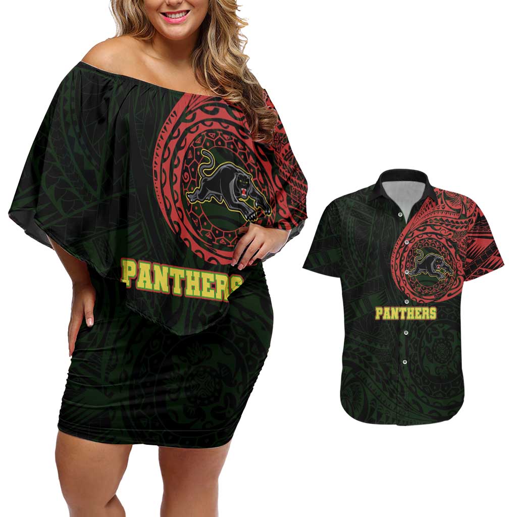 Personalized Penrith Panthers Couples Matching Off Shoulder Short Dress and Hawaiian Shirt Polynesian Tribal Chest and Sleeve Tattoo
