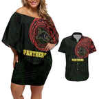 Personalized Penrith Panthers Couples Matching Off Shoulder Short Dress and Hawaiian Shirt Polynesian Tribal Chest and Sleeve Tattoo
