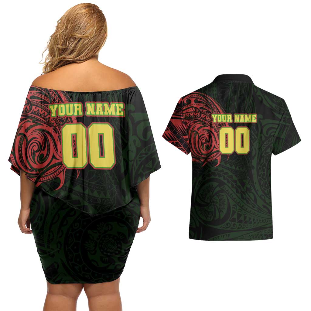 Personalized Penrith Panthers Couples Matching Off Shoulder Short Dress and Hawaiian Shirt Polynesian Tribal Chest and Sleeve Tattoo