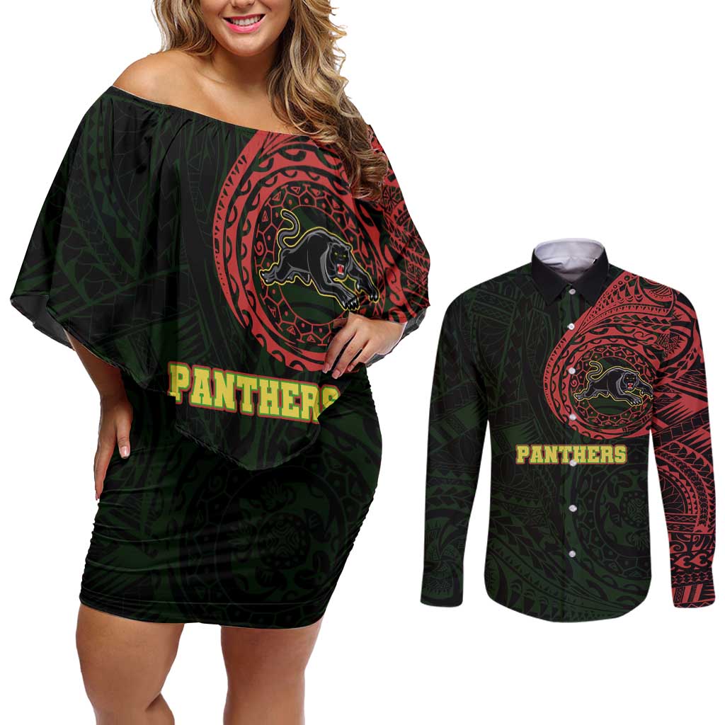 Personalized Penrith Panthers Couples Matching Off Shoulder Short Dress and Long Sleeve Button Shirt Polynesian Tribal Chest and Sleeve Tattoo